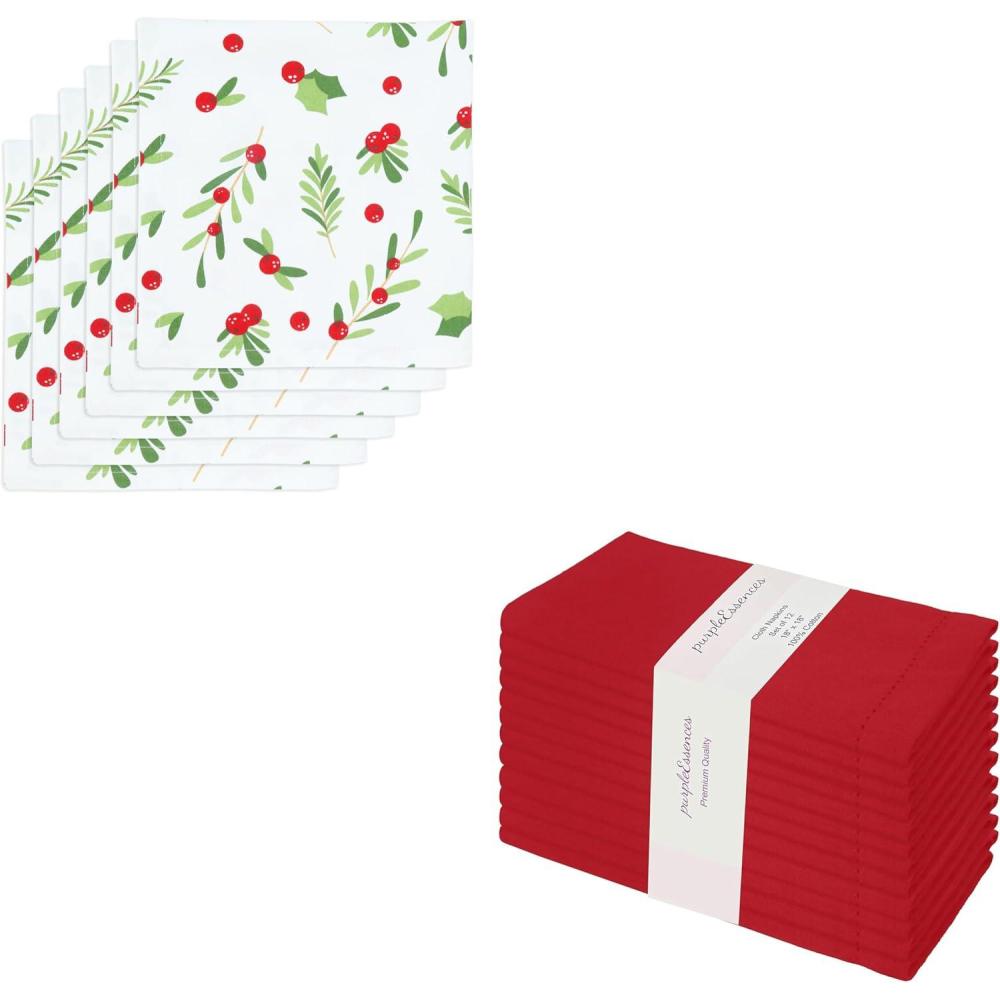 imagePurpleEssences Christmas Mistletoe Napkins Set of 6 ampamp Hemstitch Cloth Napkins Set of 1218 x 18 Inch MistletoeRed