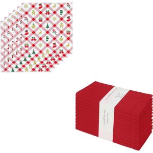PurpleEssences Christmas Carnival Hemstitch Napkins Set of 6 & Cloth Napkins Set of 12-18 x 18 Inch – Red