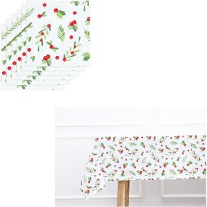 PurpleEssences Christmas Cloth Napkins Set of 6 18×18 Inch & Tablecloth 60×104 inch Pack of 1-100% Cotton – Mistletoe – White Red Green