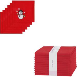 PurpleEssences Christmas Embroidered Hemstitch Napkin Set of 6 & Solid Napkins Set of 12-18×18 Inch – 100% Cotton – Snowman/Red