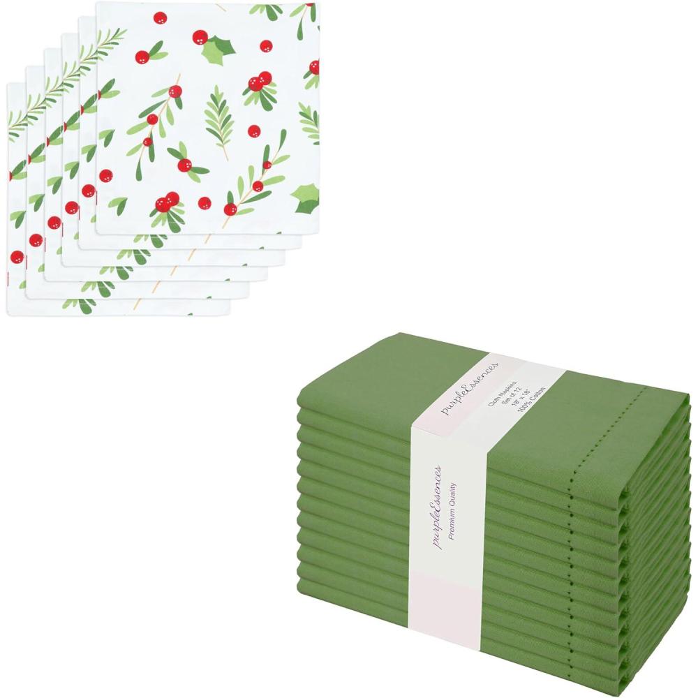 imagePurpleEssences Christmas Mistletoe Napkins Set of 6 ampamp Cloth Napkins Set of 1218 x 18 Inch  MistletoeSage Green
