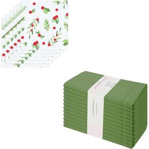 PurpleEssences Christmas Mistletoe Napkins Set of 6 & Cloth Napkins Set of 12-18 x 18 Inch – Mistletoe/Sage Green