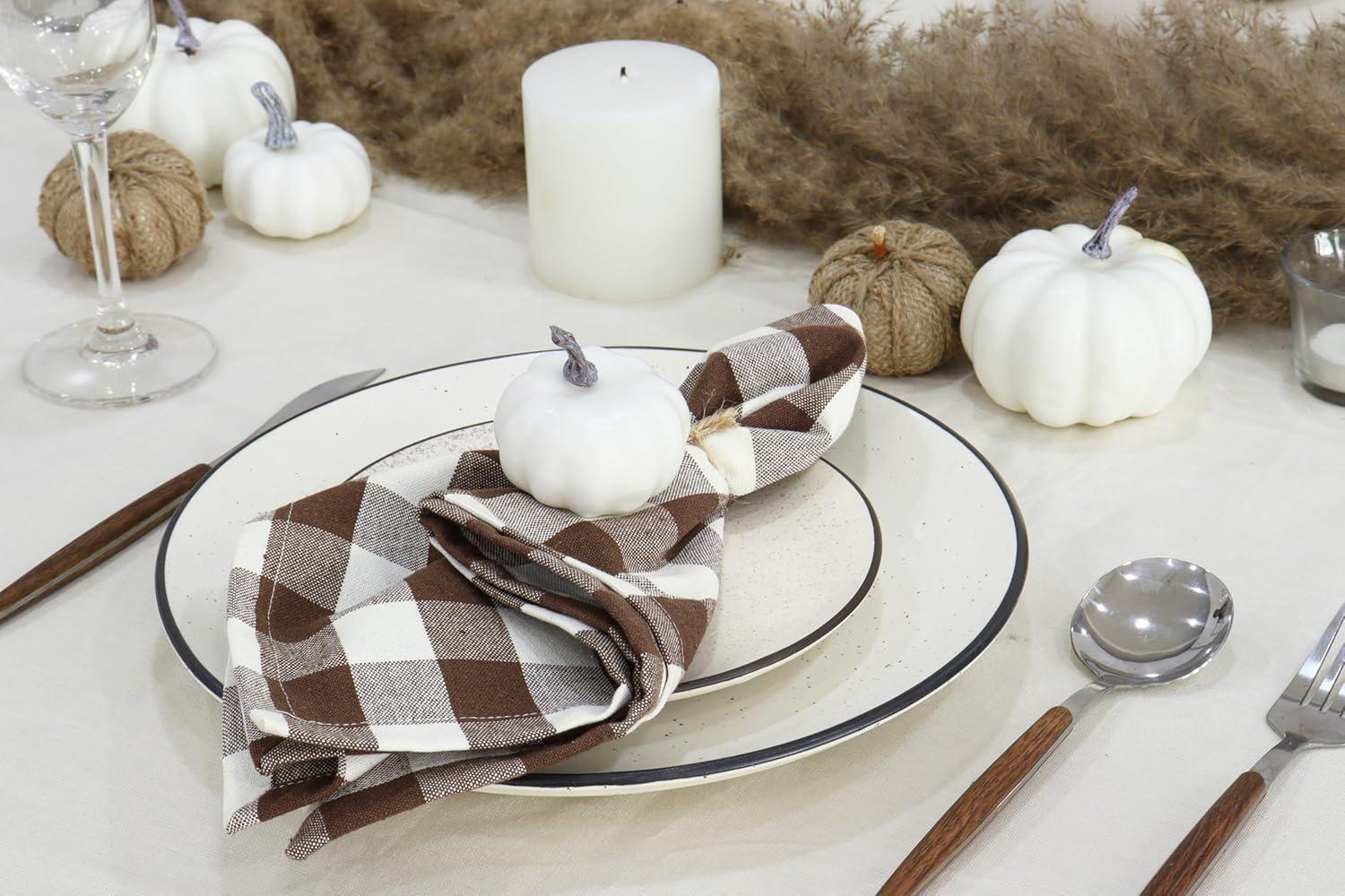 image:imagePurpleEssences Buffalo Plaid Cloth Napkins Mitered Corners Christmas Holiday Winter Gingham Check Dinner Napkin Set of 12100 Cotton 18x18 Inch Reusable Washable Multi ColorBrown White