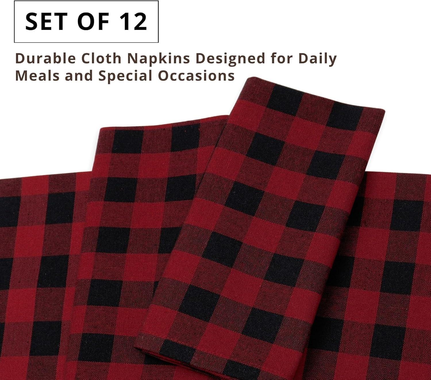 image:imagePurpleEssences Buffalo Plaid Cloth Napkins Mitered Corners Christmas Holiday Winter Gingham Check Dinner Napkin Set of 12100 Cotton 18x18 Inch Reusable Washable Multi ColorRed Black