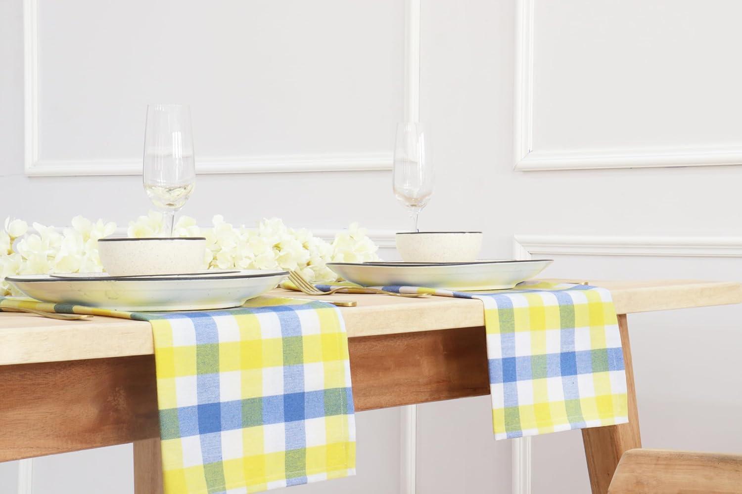 image:imagePurpleEssences Buffalo Plaid Cloth Napkins Mitered Corners Christmas Holiday Winter Gingham Check Dinner Napkin Set of 12100 Cotton 18x18 Inch Reusable Washable Multi ColorLight Blue Yellow White