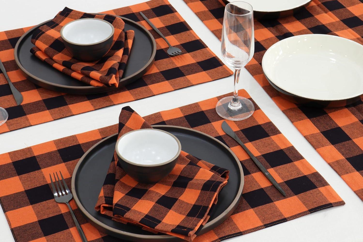 image:imagePurpleEssences Buffalo Plaid Cloth Napkins Mitered Corners Christmas Holiday Winter Gingham Check Dinner Napkin Set of 12100 Cotton 18x18 Inch Reusable Washable Multi ColorOrange Black
