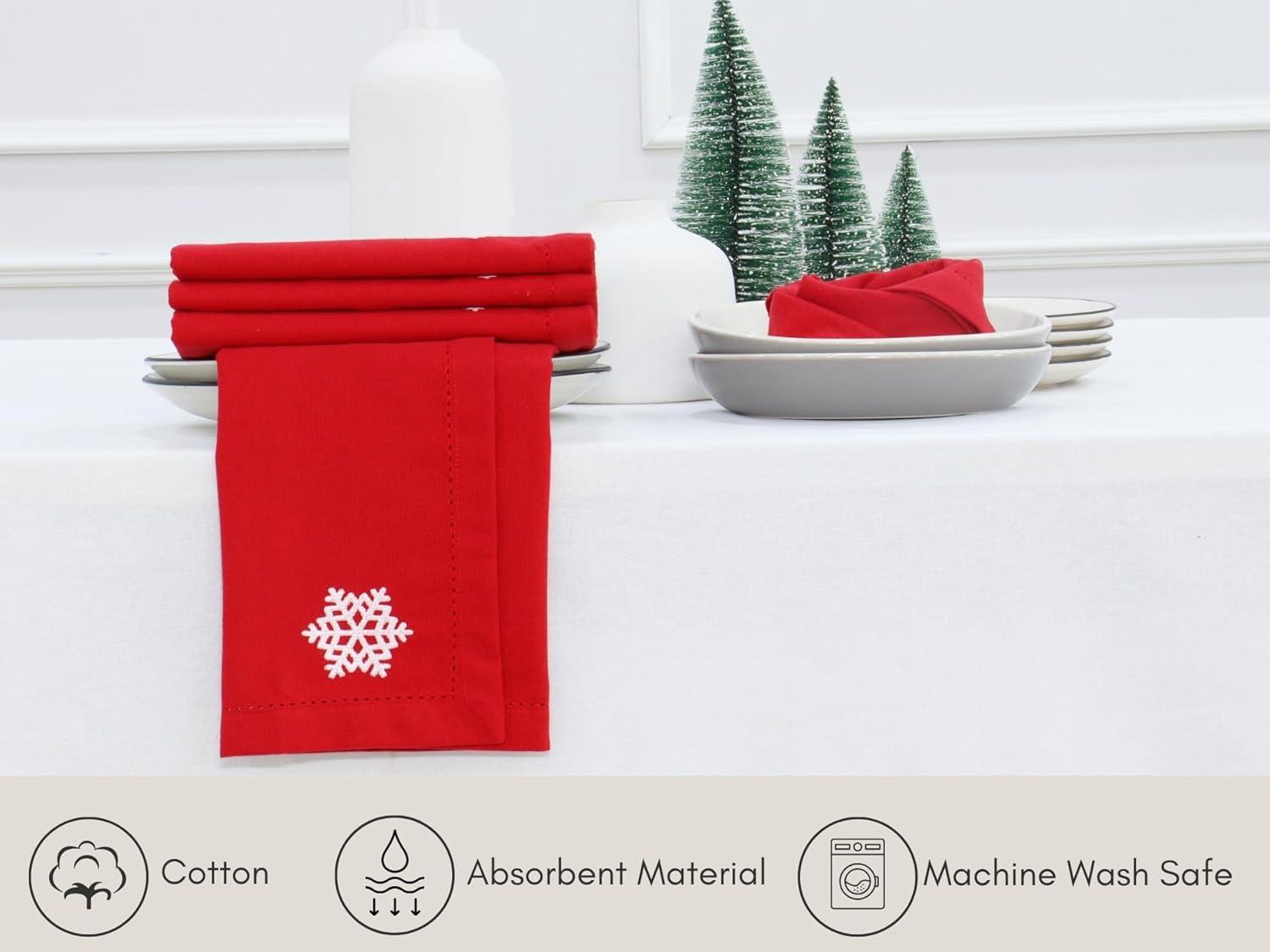 image:imagePurpleEssences Christmas Embroidered Hemstitch Napkin Set of 6 amp Hemstitch Napkins Set of 1218x18 Inch 100 Cotton SnowflakesRed