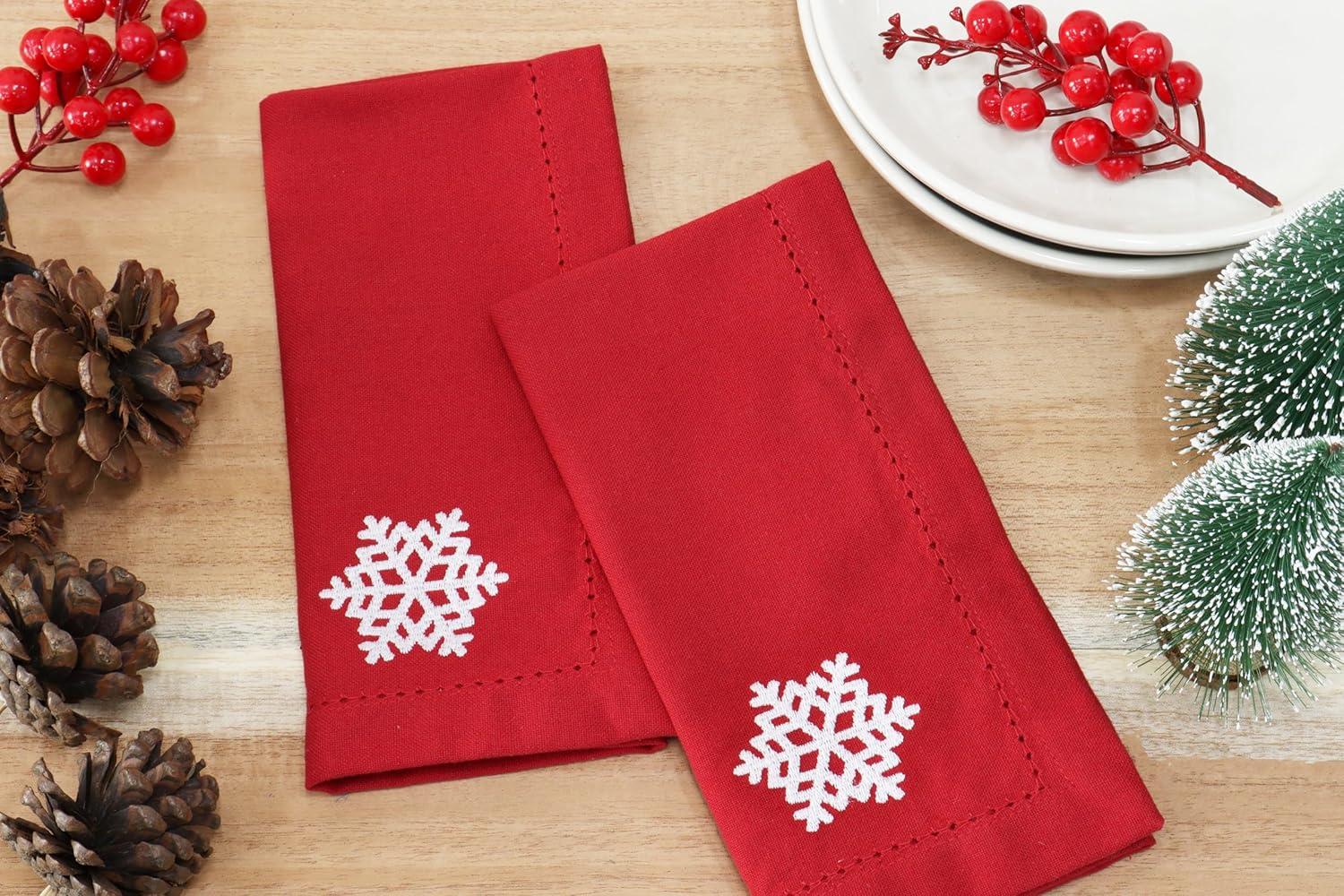 image:imagePurpleEssences Christmas Embroidered Hemstitch Napkin Set of 6 amp Solid Napkins Set of 1218x18 Inch 100 Cotton SnowflakesRed