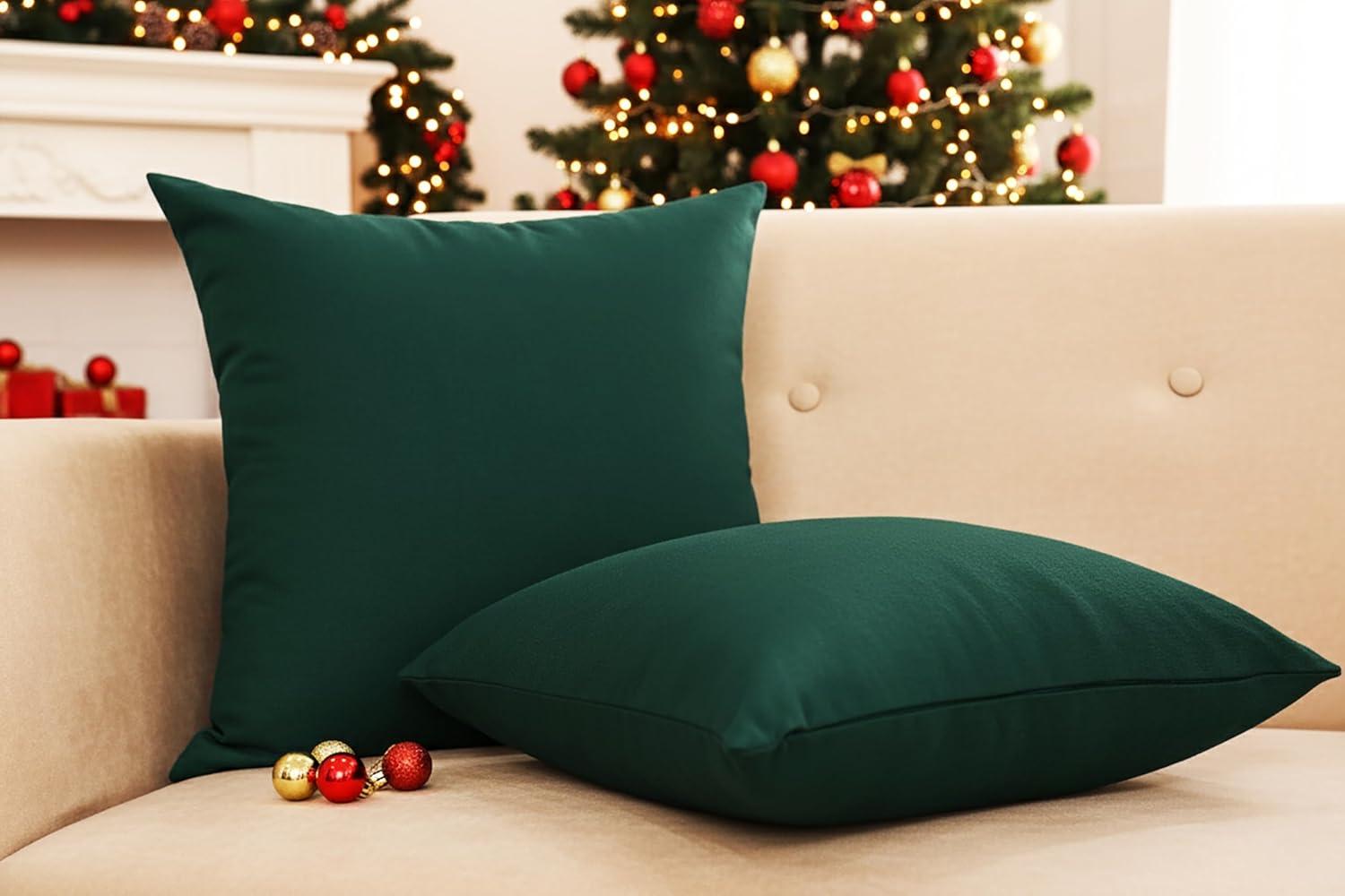image:imagePurpleEssences Pack of 2 Cotton Pillow Covers Decorative Throw Pillowcase Soft Solid Cushion Case for Sofa Car Bedroom Christmas Holiday Winter 16x16 Inch Forest Green