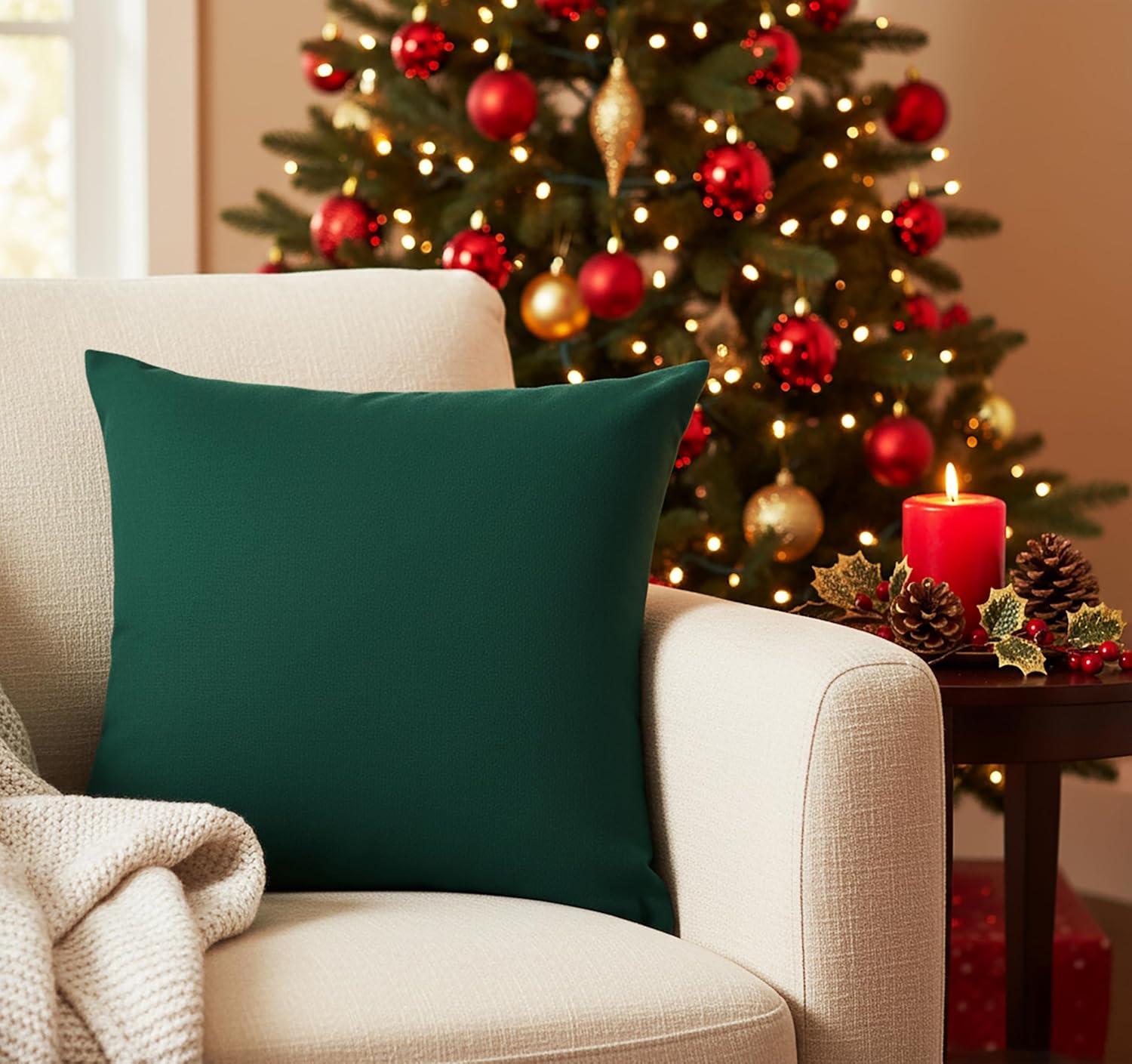 image:imagePurpleEssences Pack of 2 Cotton Pillow Covers Decorative Throw Pillowcase Soft Solid Cushion Case for Sofa Car Bedroom Christmas Holiday Winter 16x16 Inch Forest Green