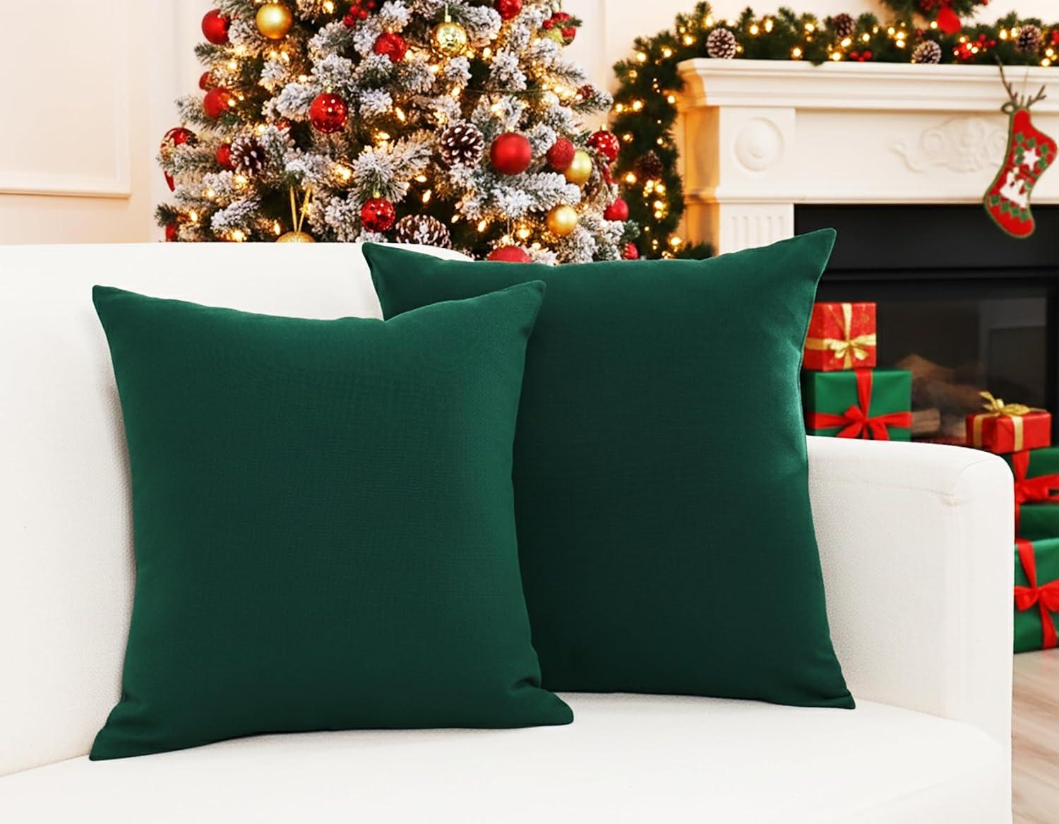 image:imagePurpleEssences Pack of 2 Cotton Pillow Covers Decorative Throw Pillowcase Soft Solid Cushion Case for Sofa Car Bedroom Christmas Holiday Winter 16x16 Inch Forest Green