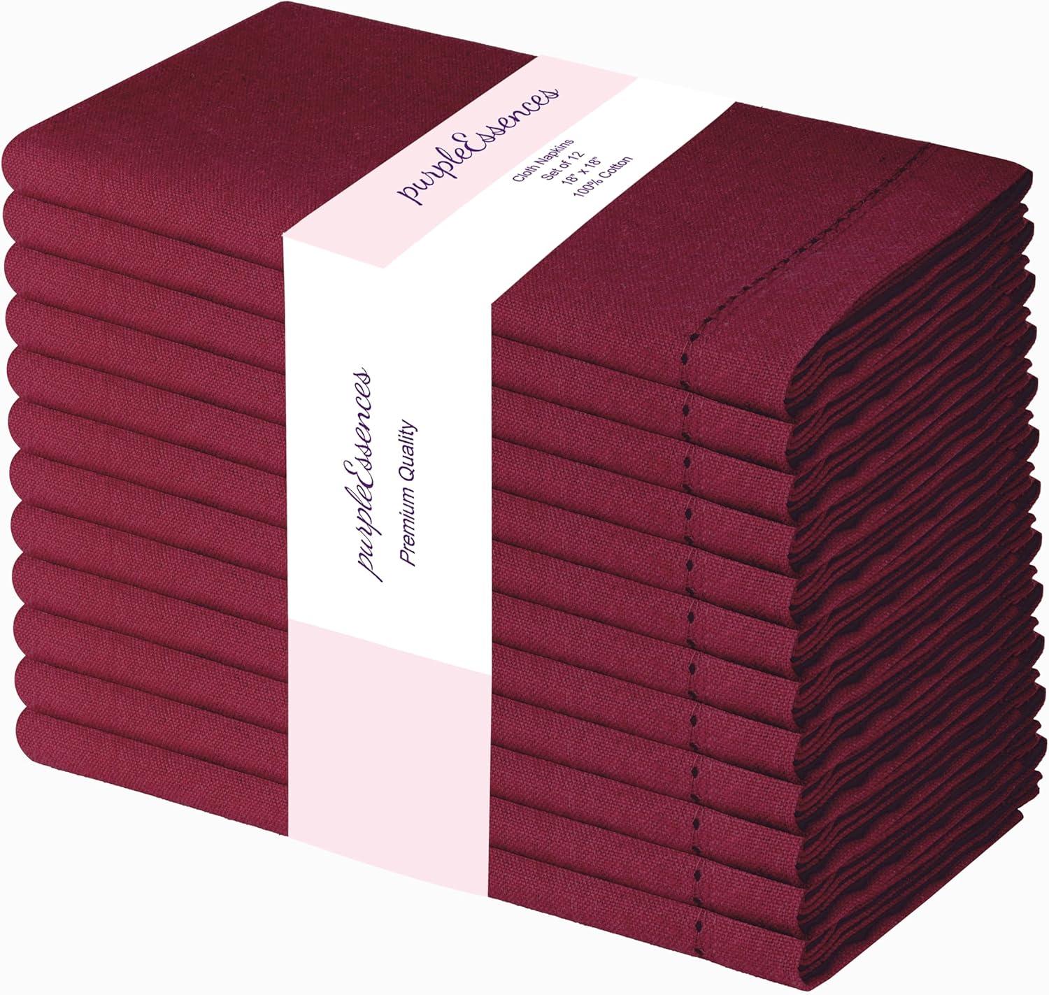 image:imagePurpleEssences Set of 12 Hemstitch Cloth Dinner Napkins 100 Cotton Soft Durable Washable Ideal for Wedding Christmas Holiday Winter Perfect Everyday Use Table Linen 18x18 Blush PinkBurgundy