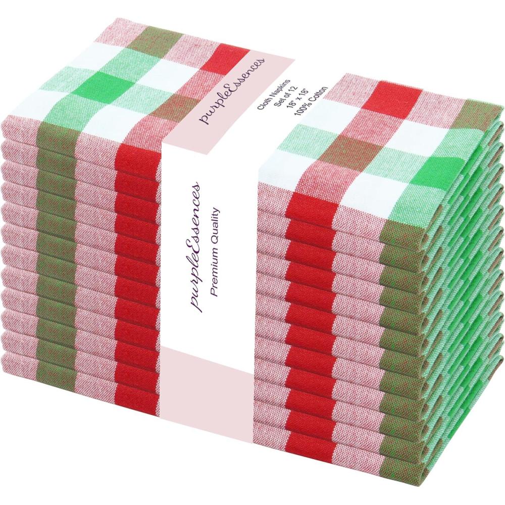 image:imagePurpleEssences Buffalo Plaid Cloth Napkins Mitered Corners Christmas Holiday Winter Gingham Check Dinner Napkin Set of 12100 Cotton 18x18 Inch Reusable Washable Multi ColorRed Green White