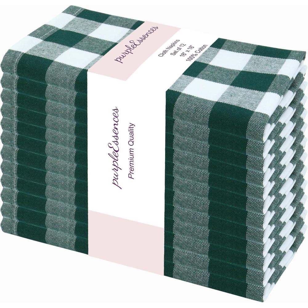 image:imagePurpleEssences Buffalo Plaid Cloth Napkins Mitered Corners Christmas Holiday Winter Gingham Check Dinner Napkin Set of 12100 Cotton 18x18 Inch Reusable Washable Multi ColorForest Green White