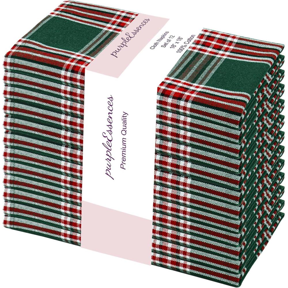 image:imagePurpleEssences Buffalo Plaid Cloth Napkins Mitered Corners Christmas Holiday Winter Gingham Check Dinner Napkin Set of 12100 Cotton 18x18 Inch Reusable Washable Multi ColorTartan Plaid Green