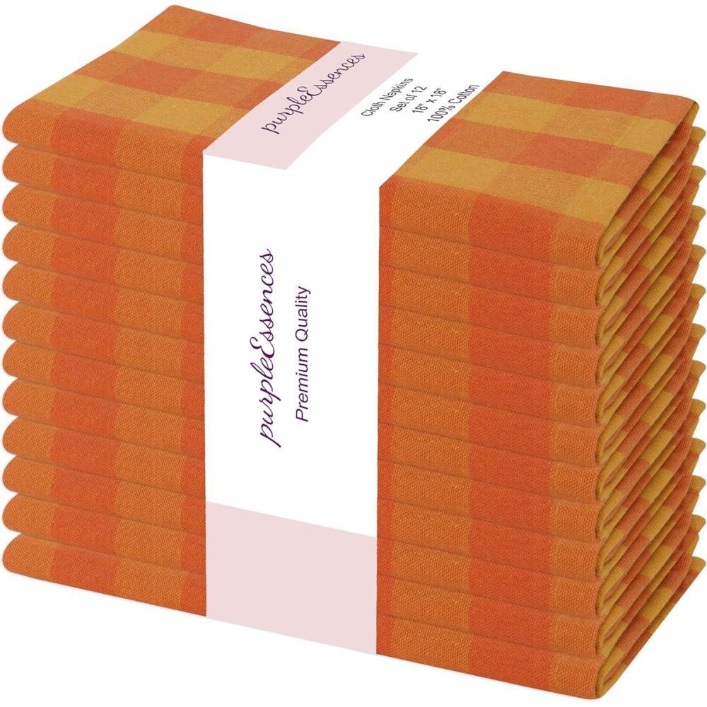 image:imagePurpleEssences Buffalo Plaid Cloth Napkins Mitered Corners Christmas Holiday Winter Gingham Check Dinner Napkin Set of 12100 Cotton 18x18 Inch Reusable Washable Multi ColorOrange Golden Yellow