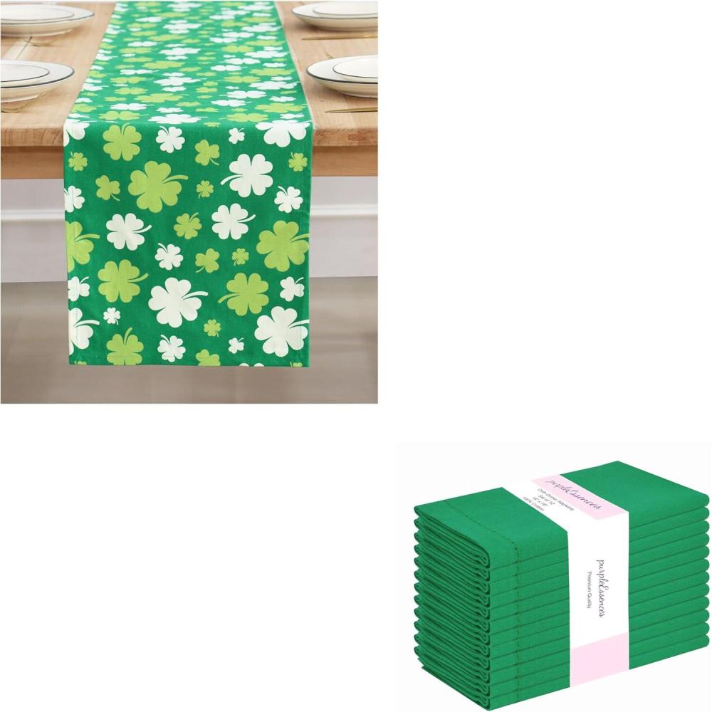 image:imagePurpleEssences St Patricks Day Table Runner Multi Green Shamrocks 13 X 72 Inch and Set of 12 Hemstitch Cloth Dinner Napkins 18x18 Inches 100 Cotton St Patricks Green