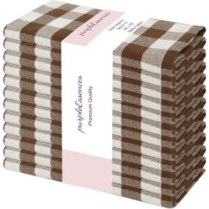 PurpleEssences Buffalo Plaid Cloth Napkins – Mitered Corners – Christmas Holiday Winter – Gingham Check Dinner Napkin – Set of 12-100% Cotton – 18×18 Inch – Reusable Washable – Multi Color(Brown White)