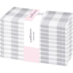 PurpleEssences Buffalo Plaid Cloth Napkins – Mitered Corners – Christmas Holiday Winter – Gingham Check Dinner Napkin – Set of 12-100% Cotton – 18×18 Inch – Reusable Washable – Multi Color(Grey White)