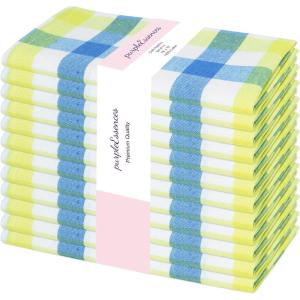 PurpleEssences Buffalo Plaid Cloth Napkins – Mitered Corners – Christmas Holiday Winter – Gingham Check Dinner Napkin – Set of 12-100% Cotton – 18×18 Inch – Reusable Washable – Multi Color(Light Blue Yellow White)