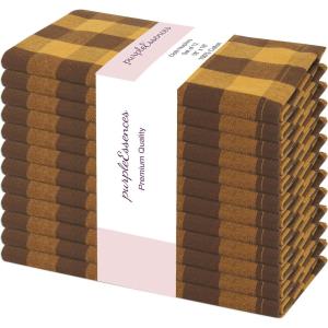 PurpleEssences Buffalo Plaid Cloth Napkins – Mitered Corners – Christmas Holiday Winter – Gingham Check Dinner Napkin – Set of 12-100% Cotton – 18×18 Inch – Reusable Washable – Multi Color(Golden Yellow Nut Brown)
