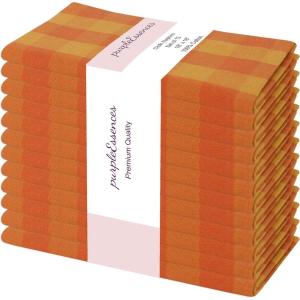 PurpleEssences Buffalo Plaid Cloth Napkins – Mitered Corners – Christmas Holiday Winter – Gingham Check Dinner Napkin – Set of 12-100% Cotton – 18×18 Inch – Reusable Washable – Multi Color(Orange Golden Yellow)