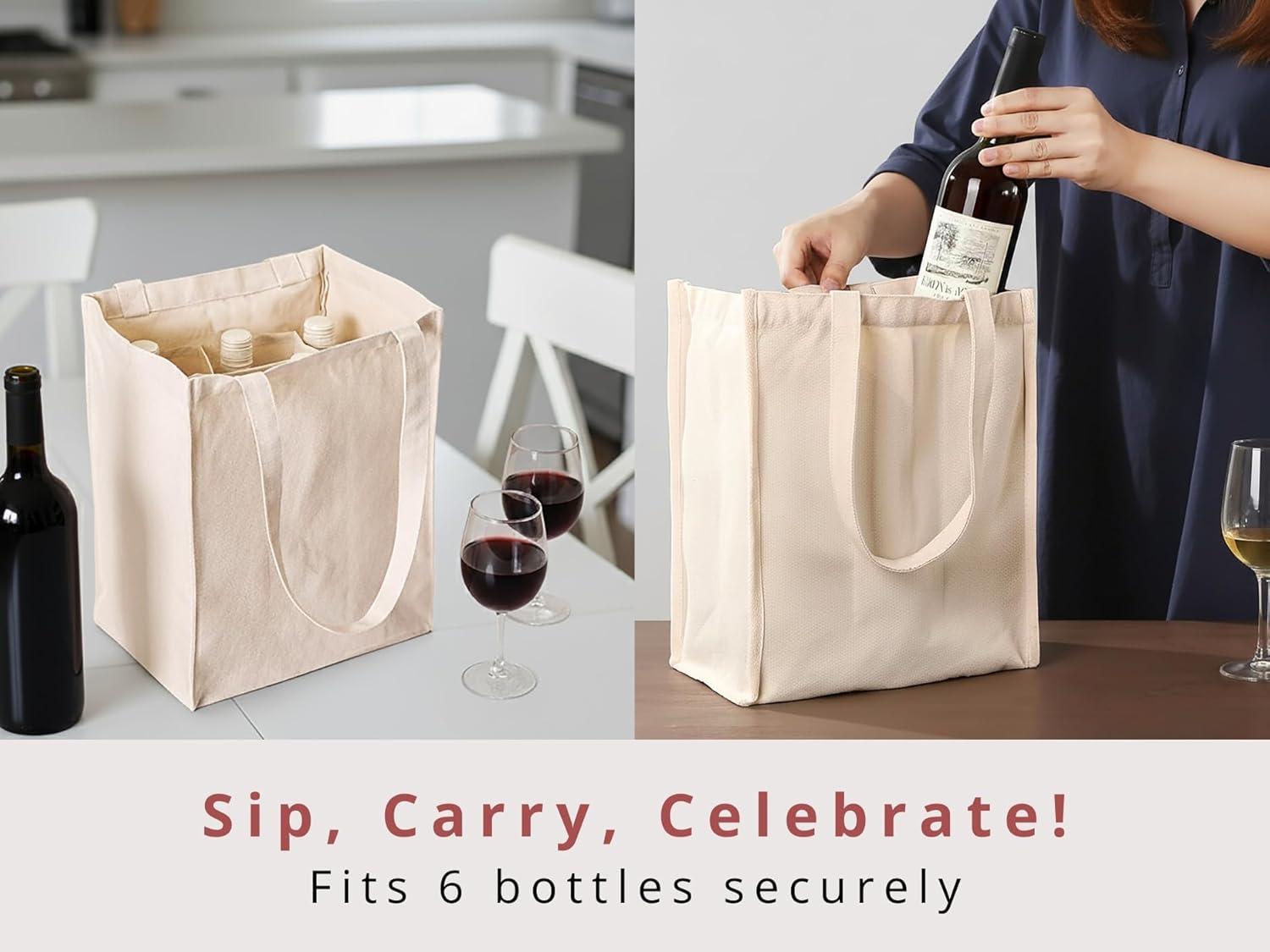 image:imagePurpleEssences Canvas Wine Tote Bag with Divider for 6 Bottle 13 x 7 x 105 Inch and Wine Gift Bag 129 x 56 Inch Pack of 1 Cat and Natural