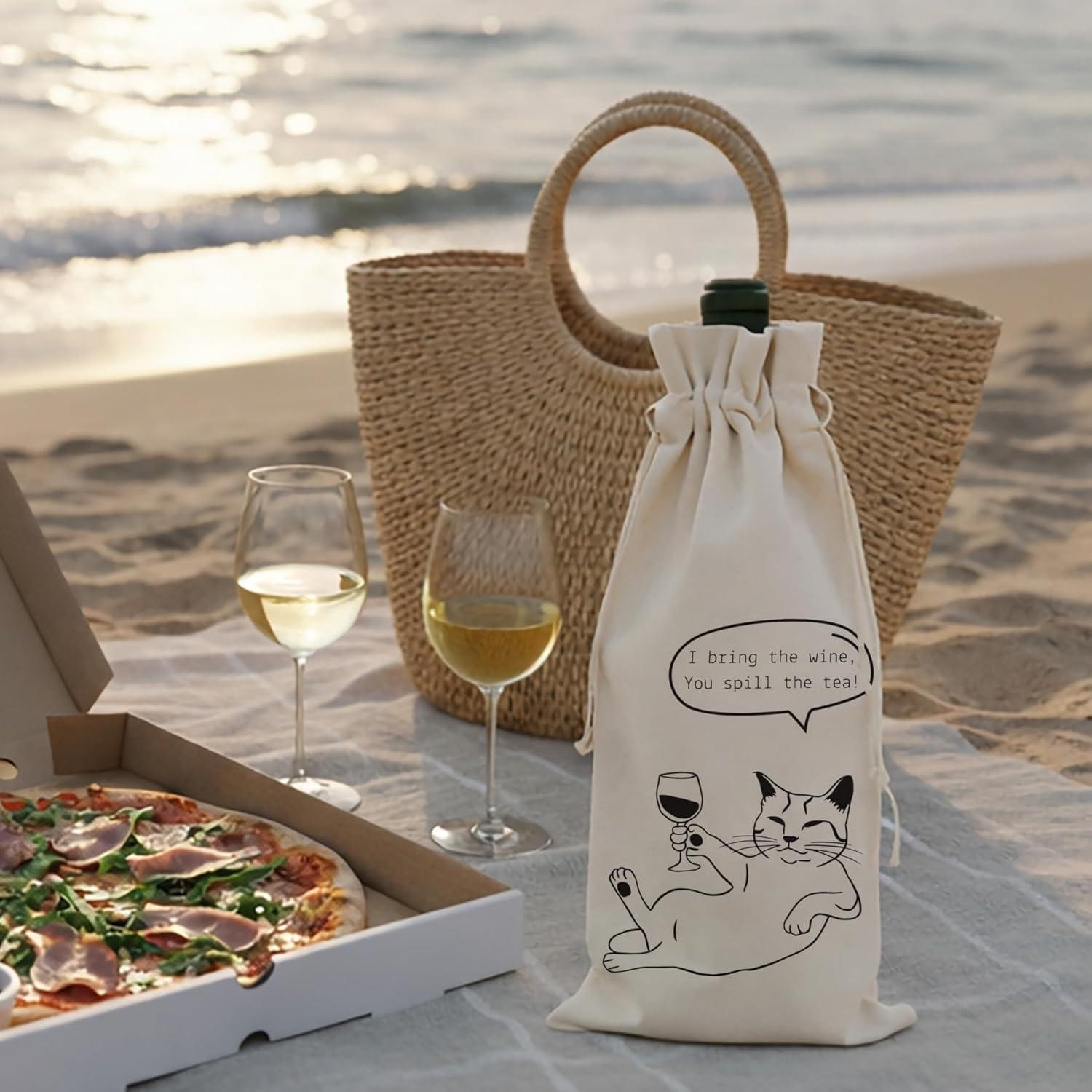 image:imagePurpleEssences Canvas Wine Tote Bag with Divider for 6 Bottle 13 x 7 x 105 Inch and Wine Gift Bag 129 x 56 Inch Pack of 1 Cat and Natural