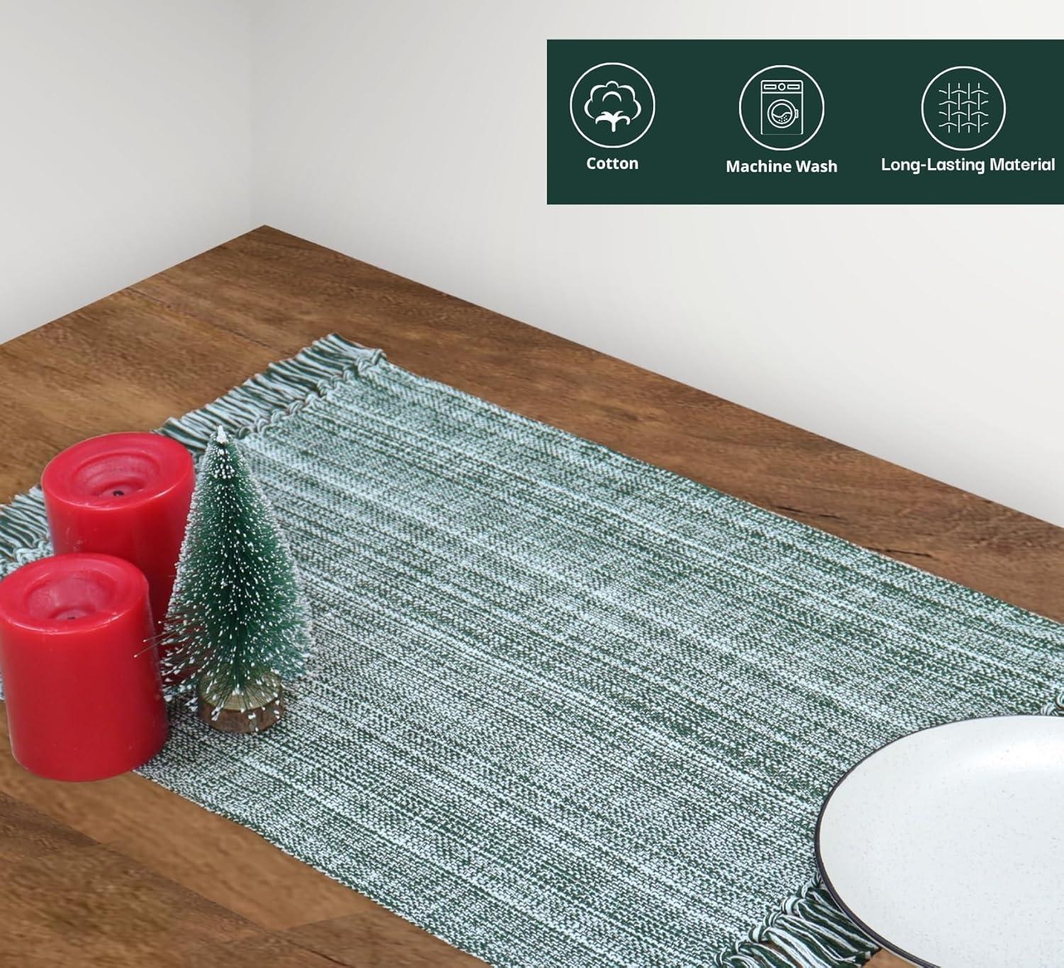 image:imagePurpleEssences Chambray Table Runner with Fringes 13x72 Inch and Chambray Placemats with Fringes Set of 4 13x19 Inch 100 Cotton Forest Green and HWhite