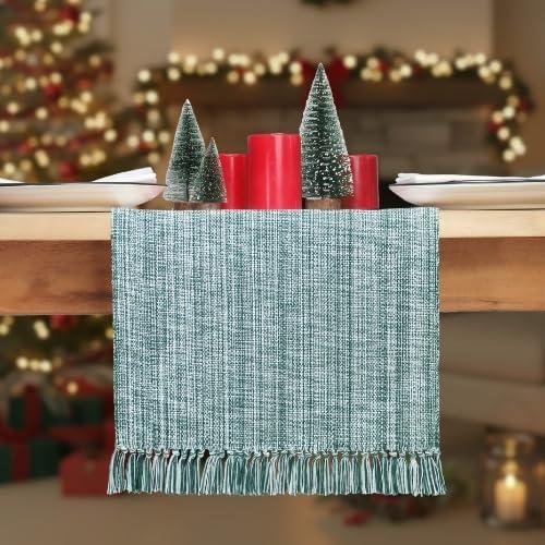 image:imagePurpleEssences Chambray Table Runner with Fringes 13x72 Inch and Chambray Placemats with Fringes Set of 4 13x19 Inch 100 Cotton Forest Green and HWhite
