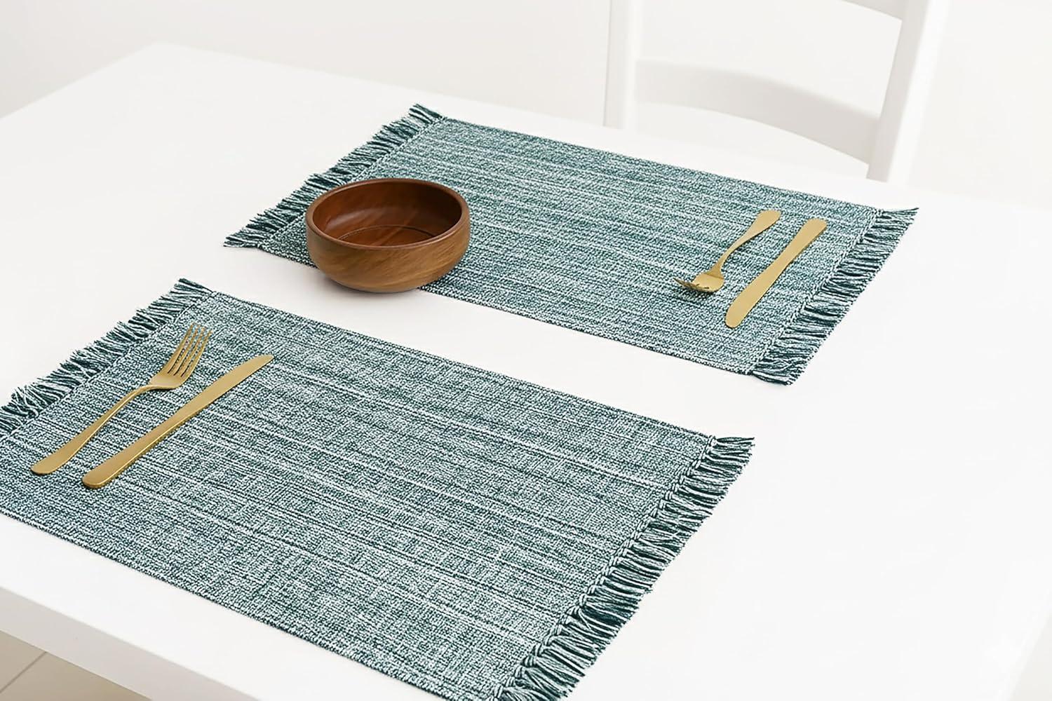 image:imagePurpleEssences Chambray Table Runner with Fringes 13x72 Inch and Chambray Placemats with Fringes Set of 4 13x19 Inch 100 Cotton Forest Green and HWhite