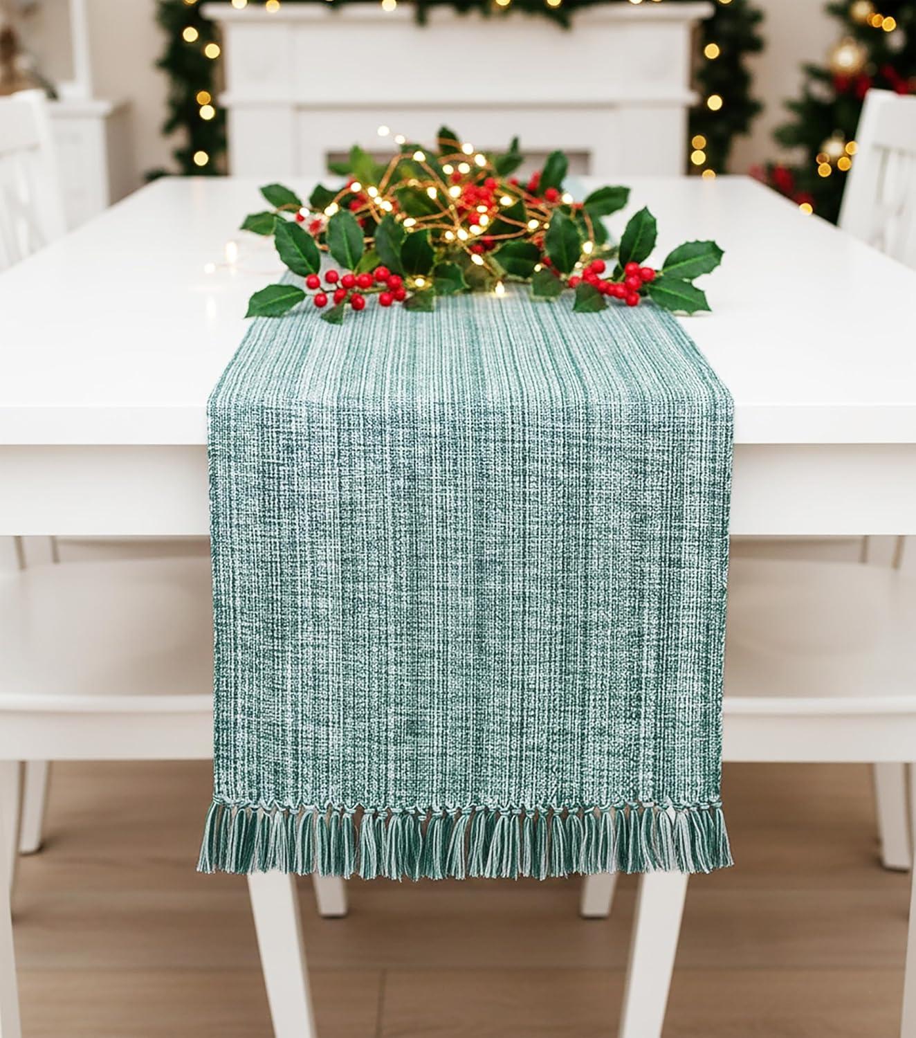 image:imagePurpleEssences Chambray Table Runner with Fringes 13x72 Inch and Chambray Placemats with Fringes Set of 4 13x19 Inch 100 Cotton Forest Green and HWhite