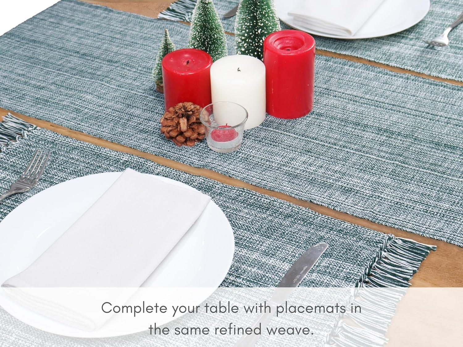 image:imagePurpleEssences Chambray Table Runner with Fringes 13x72 Inch and Chambray Placemats with Fringes Set of 4 13x19 Inch 100 Cotton Forest Green and HWhite