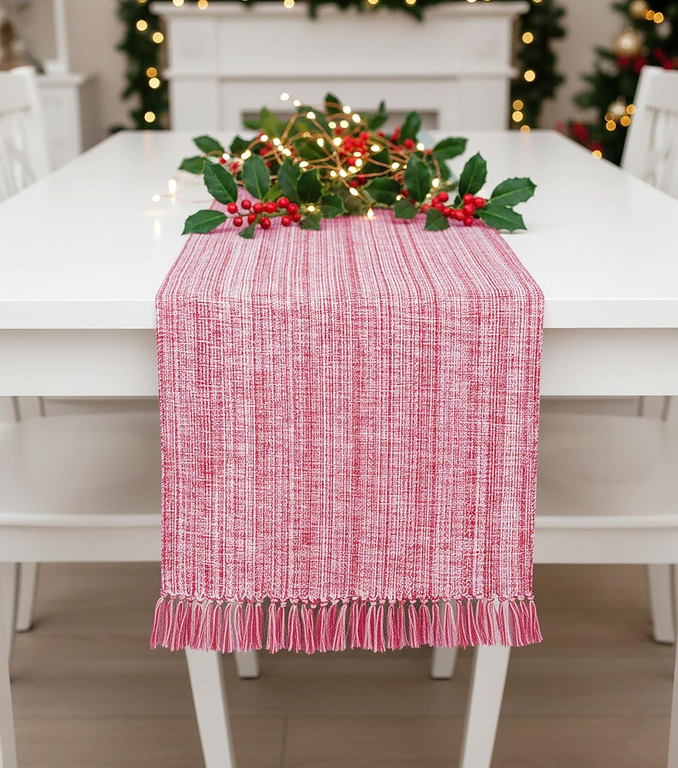 image:imagePurpleEssences Chambray Table Runner with Fringes 13x72 Inch and Chambray Placemats with Fringes Set of 4 13x19 Inch 100 Cotton Red and HWhite