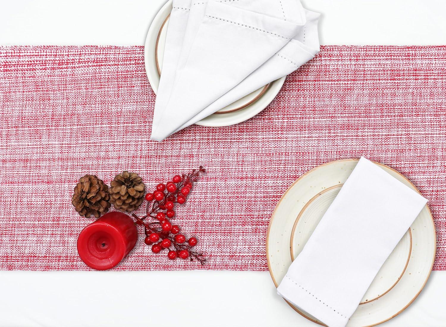 image:imagePurpleEssences Chambray Table Runner with Fringes 13x72 Inch and Chambray Placemats with Fringes Set of 4 13x19 Inch 100 Cotton Red and HWhite