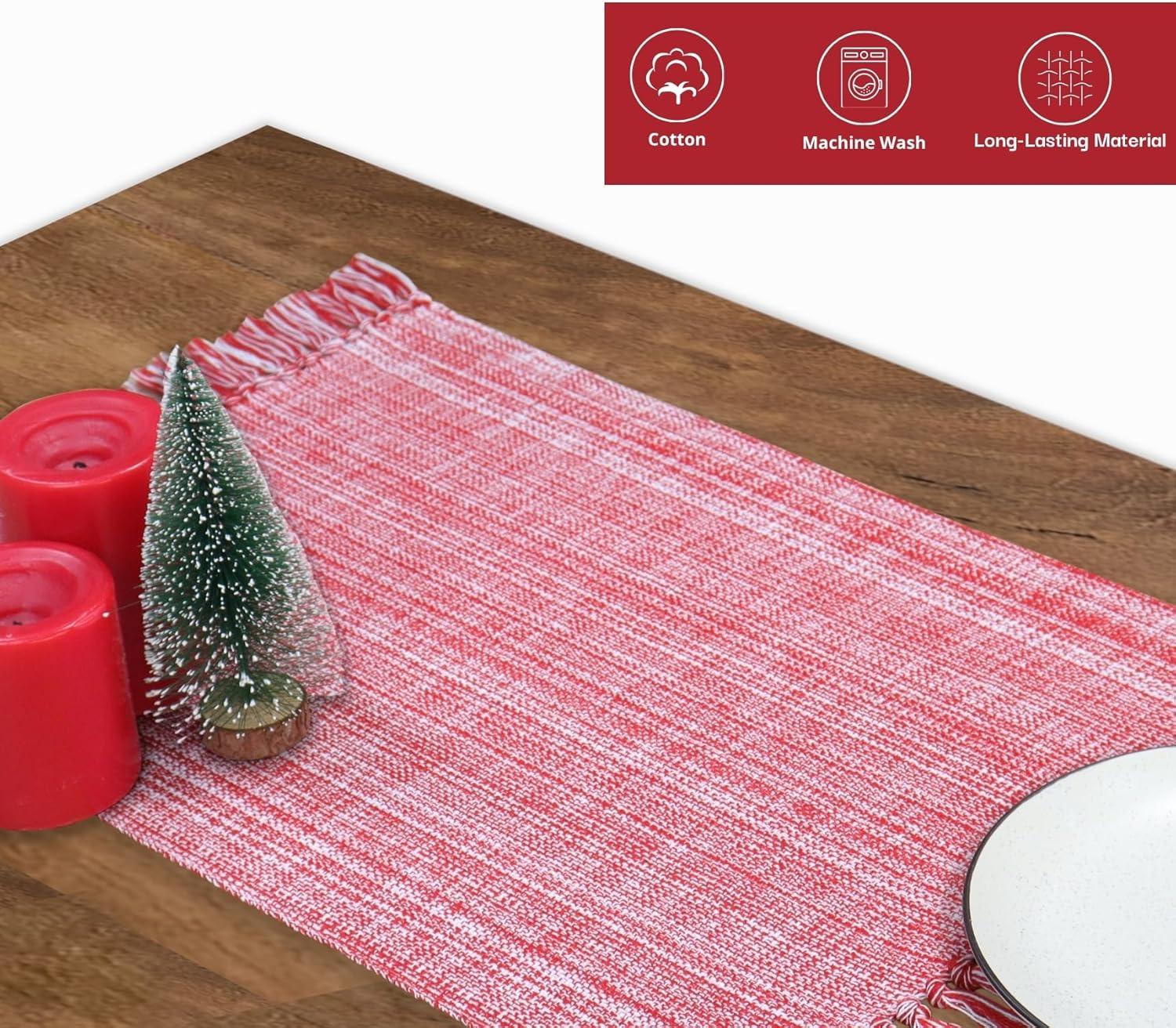 image:imagePurpleEssences Chambray Table Runner with Fringes 13x72 Inch and Chambray Placemats with Fringes Set of 4 13x19 Inch 100 Cotton Red and HWhite