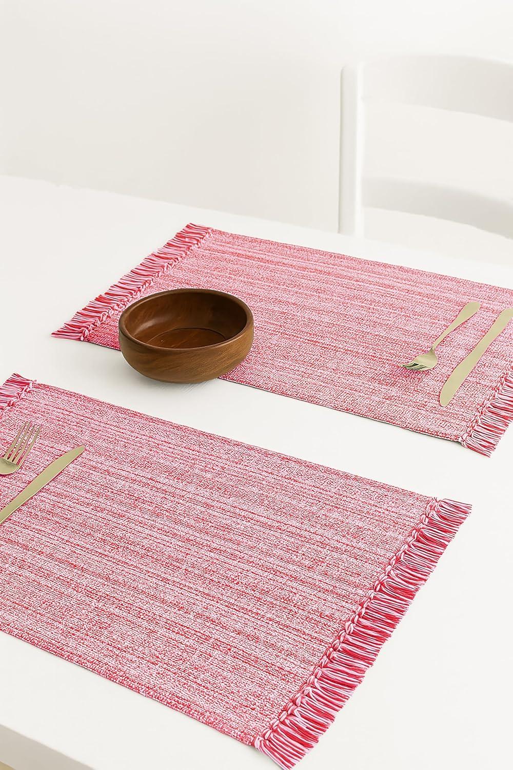 image:imagePurpleEssences Chambray Table Runner with Fringes 13x72 Inch and Chambray Placemats with Fringes Set of 4 13x19 Inch 100 Cotton Red and HWhite