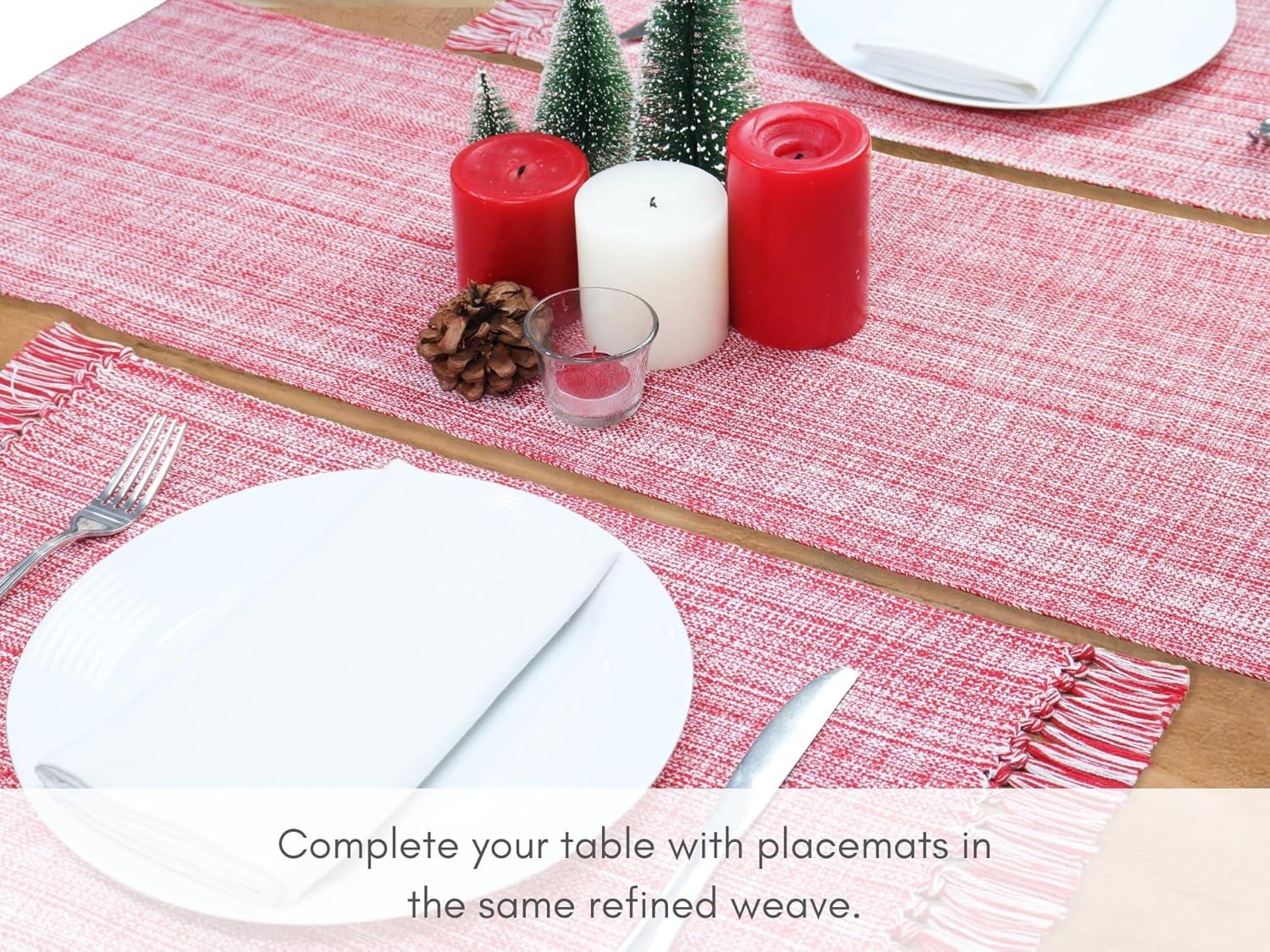 image:imagePurpleEssences Chambray Table Runner with Fringes 13x72 Inch and Chambray Placemats with Fringes Set of 4 13x19 Inch 100 Cotton Red and HWhite