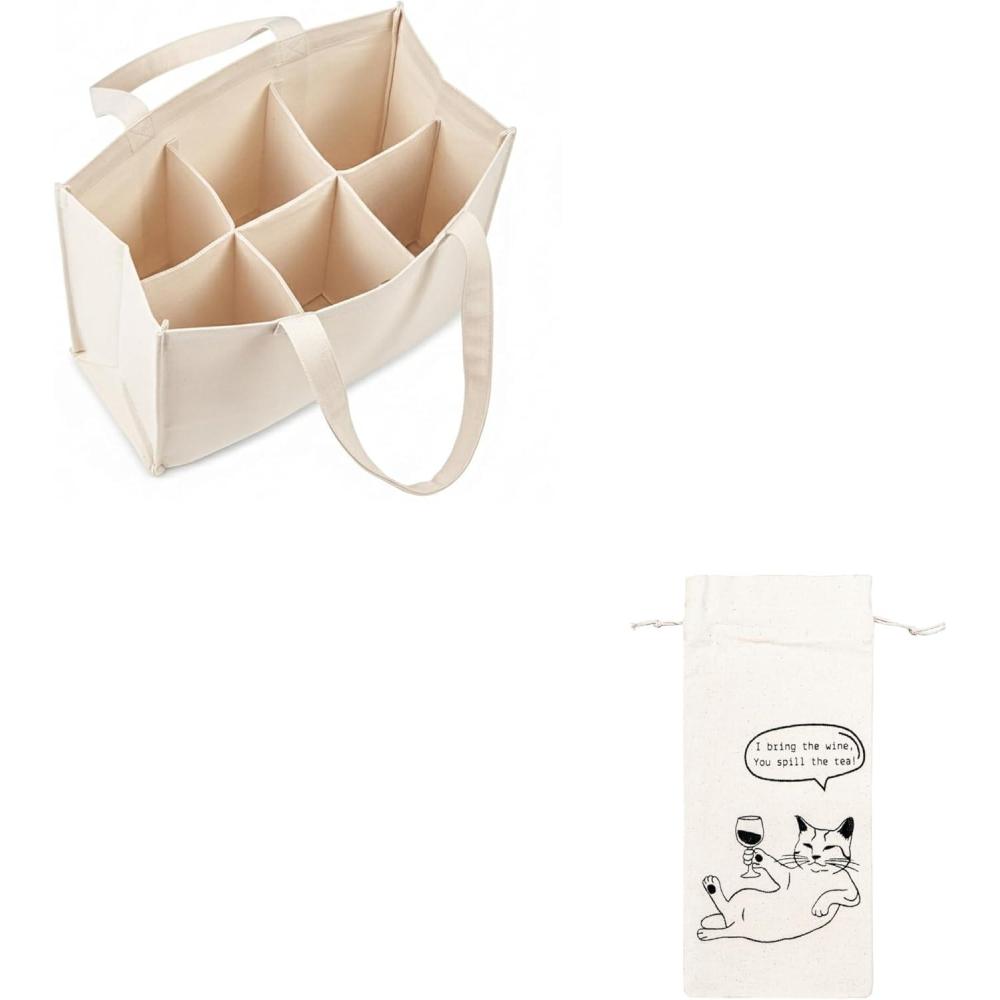 image:imagePurpleEssences Canvas Wine Tote Bag with Divider for 6 Bottle 13 x 7 x 105 Inch and Wine Gift Bag 129 x 56 Inch Pack of 1 Cat and Natural