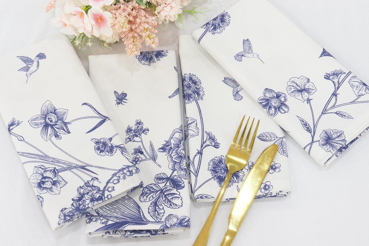 image:imagePurpleEssences Blue Floral Kitchen Towels 16x26 Inch Set of 2 and Cloth Napkins 18x18 Inch Set of 4 100 Cotton French Flower Garden