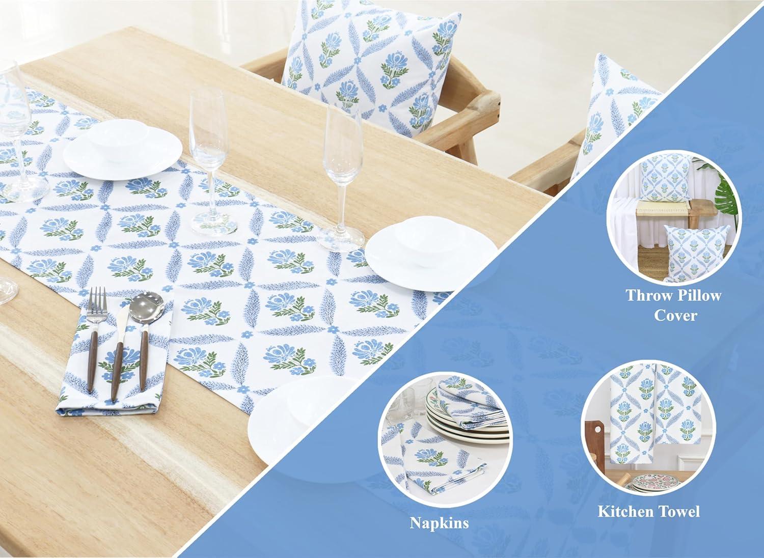 image:imagePurpleEssences Blue Floral Table Runner 14x72 Inch Pack of 1 Throw Pillow Covers 18x18 Inch Set of 2 100 Cotton Chintz Jacobean