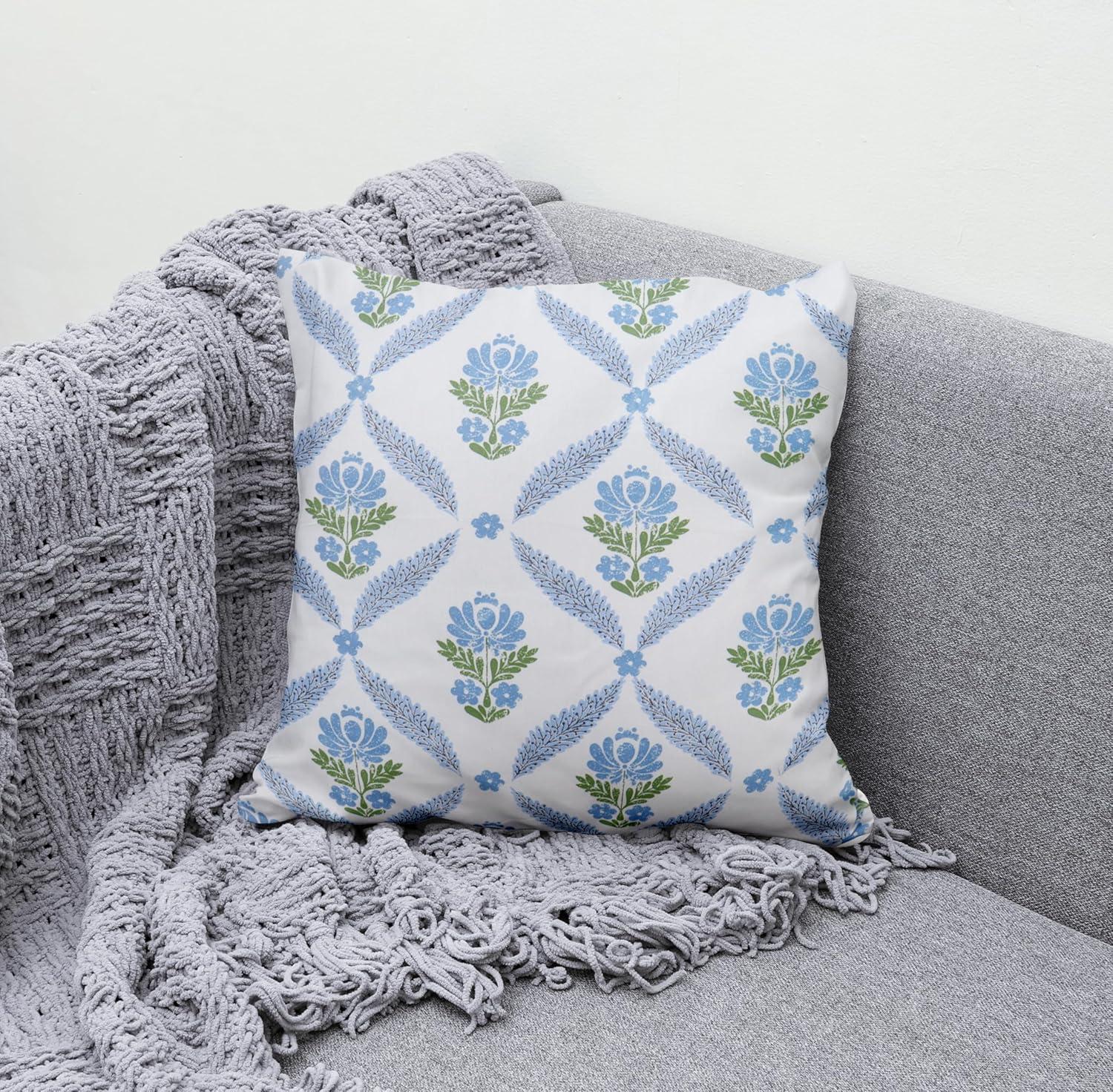 image:imagePurpleEssences Blue Floral Table Runner 14x72 Inch Pack of 1 Throw Pillow Covers 18x18 Inch Set of 2 100 Cotton Chintz Jacobean