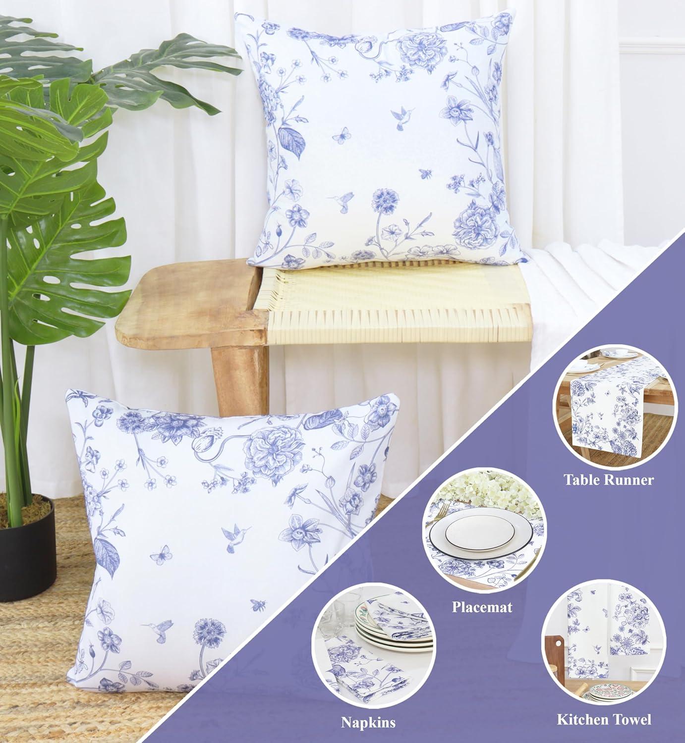 image:imagePurpleEssences Blue Floral Throw Pillow Covers 18x18 Inch and Kitchen Towels 16x26 Inch Set of 2 100 Cotton French Flower Garden