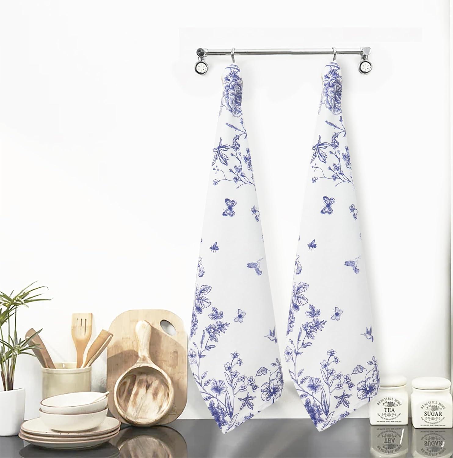 image:imagePurpleEssences Blue Floral Throw Pillow Covers 18x18 Inch and Kitchen Towels 16x26 Inch Set of 2 100 Cotton French Flower Garden