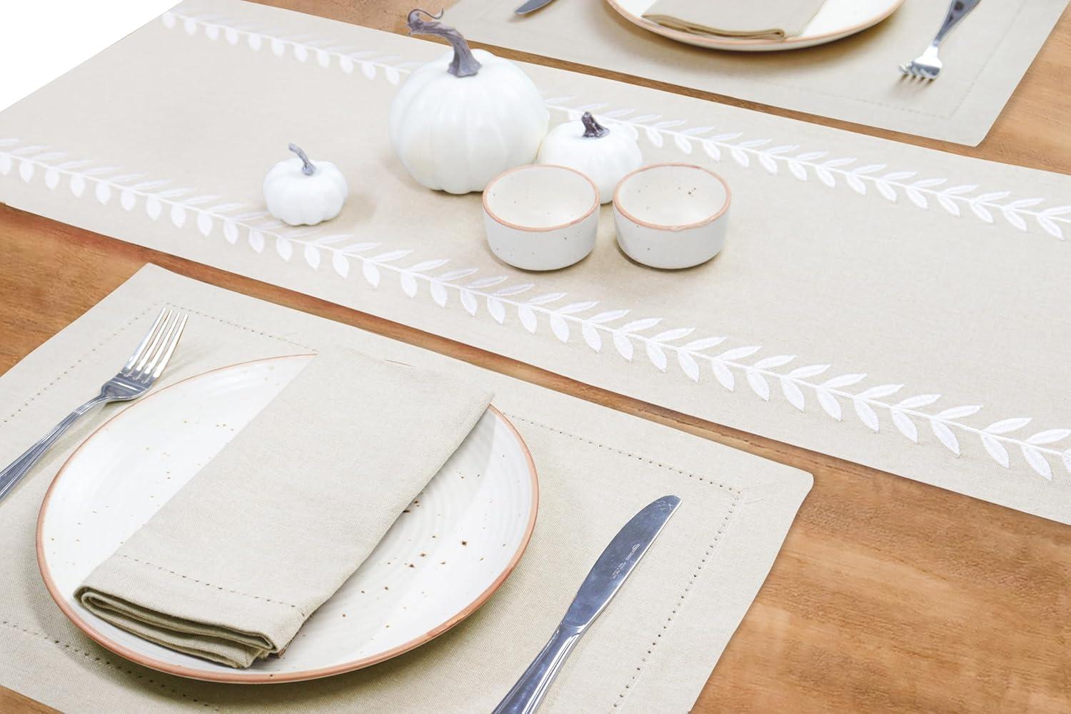 image:imagePurpleEssences Chambray Placemats with Fringes Set of 413 x 19 Inch and Embroidered Willow Leaf Table Runner Pack of 113 x 72 Inch Royal Linen and HWhite