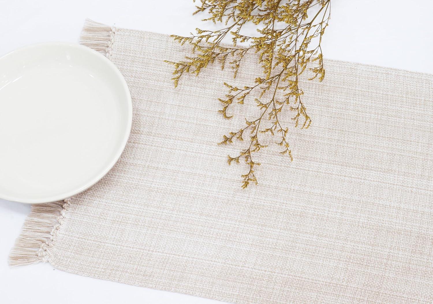 image:imagePurpleEssences Chambray Table Runner with Fringes 13x72 Inch and Chambray Placemats with Fringes Set of 4 13x19 Inch 100 Cotton Royal Linen and HWhite