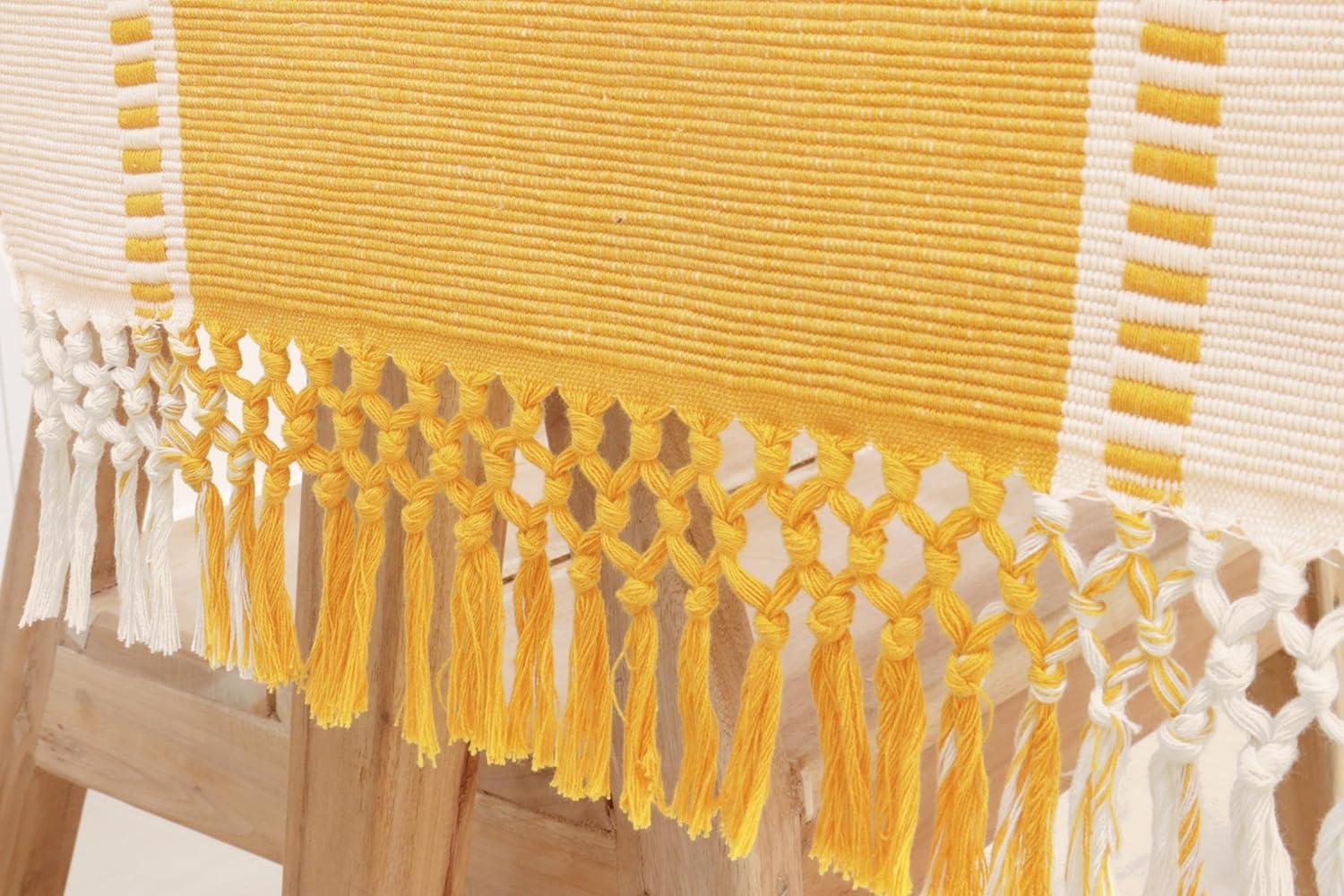 image:imagePurpleEssences Table Runner Wide with Dobby Stripe Ribbed Weave amp Double Knot Fringes 14x90 Inch amp Stripe Ribbed Placemats with Fringes Set of 4 13x19 Inch 100 Cotton Golden Yellow and HWhite