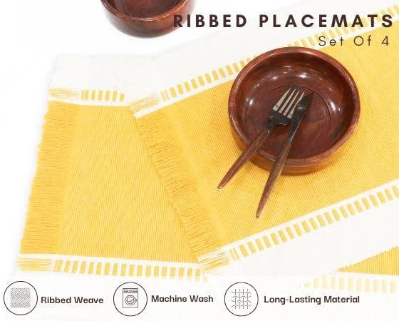 image:imagePurpleEssences Table Runner Wide with Dobby Stripe Ribbed Weave amp Double Knot Fringes 14x90 Inch amp Stripe Ribbed Placemats with Fringes Set of 4 13x19 Inch 100 Cotton Golden Yellow and HWhite