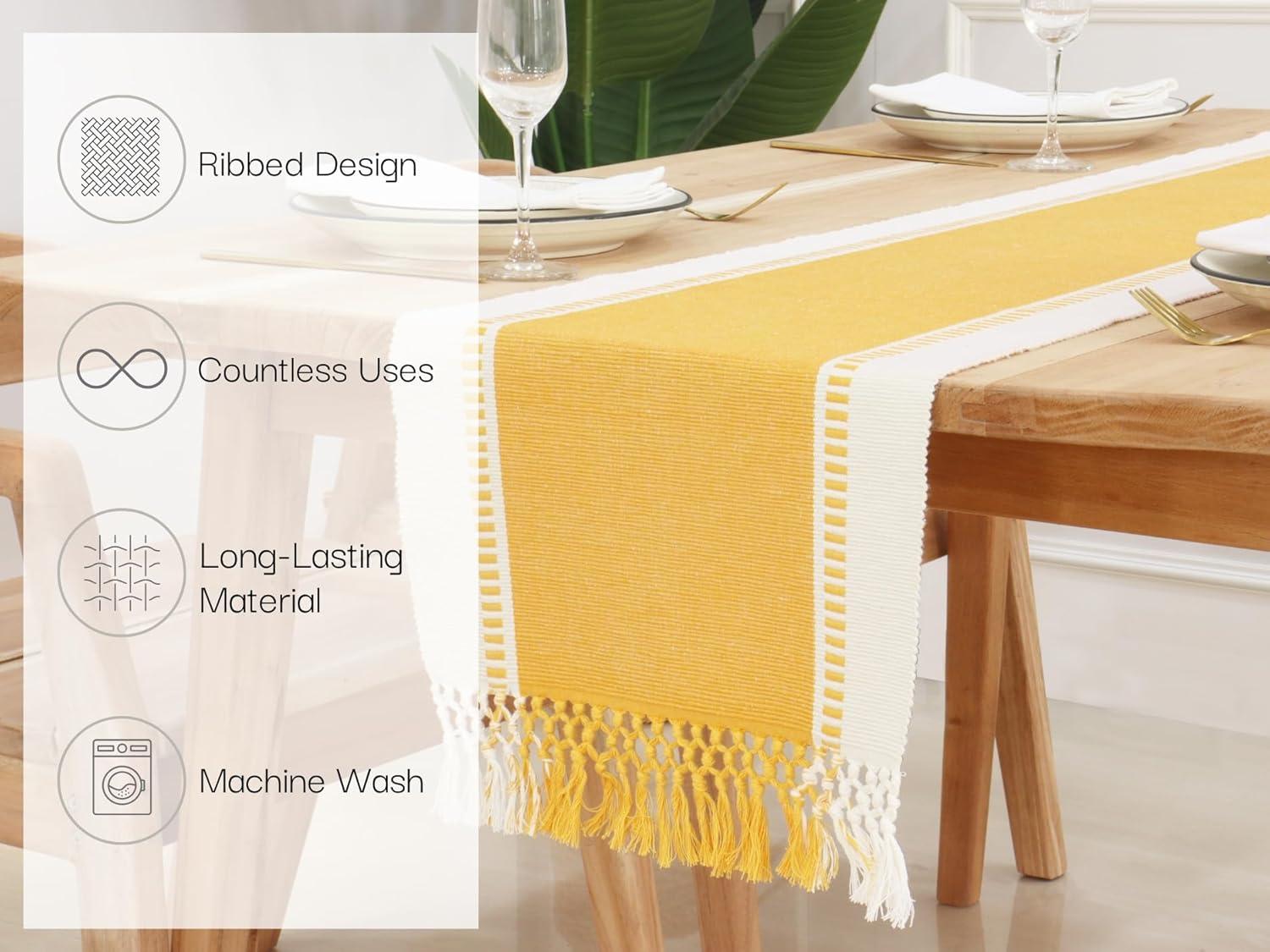 image:imagePurpleEssences Table Runner Wide with Dobby Stripe Ribbed Weave amp Double Knot Fringes 14x90 Inch amp Stripe Ribbed Placemats with Fringes Set of 4 13x19 Inch 100 Cotton Golden Yellow and HWhite
