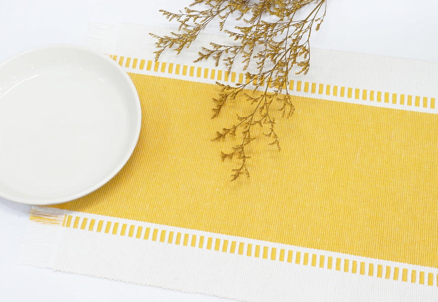 image:imagePurpleEssences Table Runner Wide with Dobby Stripe Ribbed Weave amp Double Knot Fringes 14x90 Inch amp Stripe Ribbed Placemats with Fringes Set of 4 13x19 Inch 100 Cotton Golden Yellow and HWhite